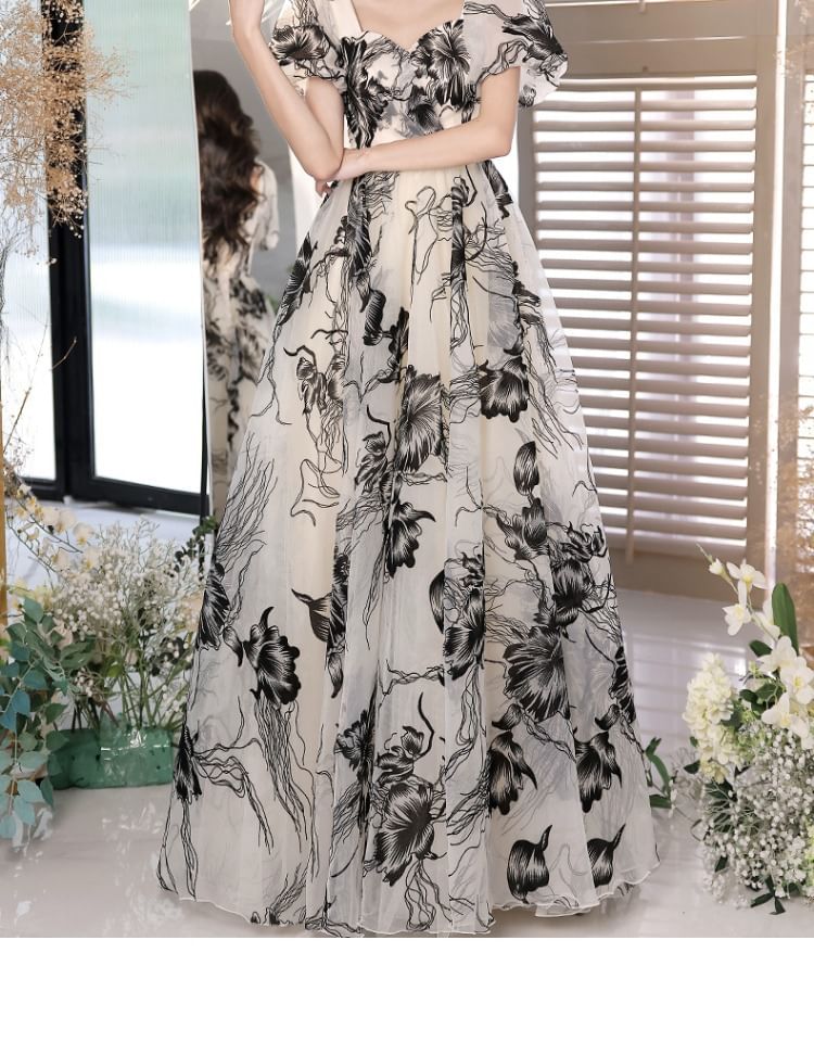 Short-Sleeve V-Neck Floral A-Line Evening Gown