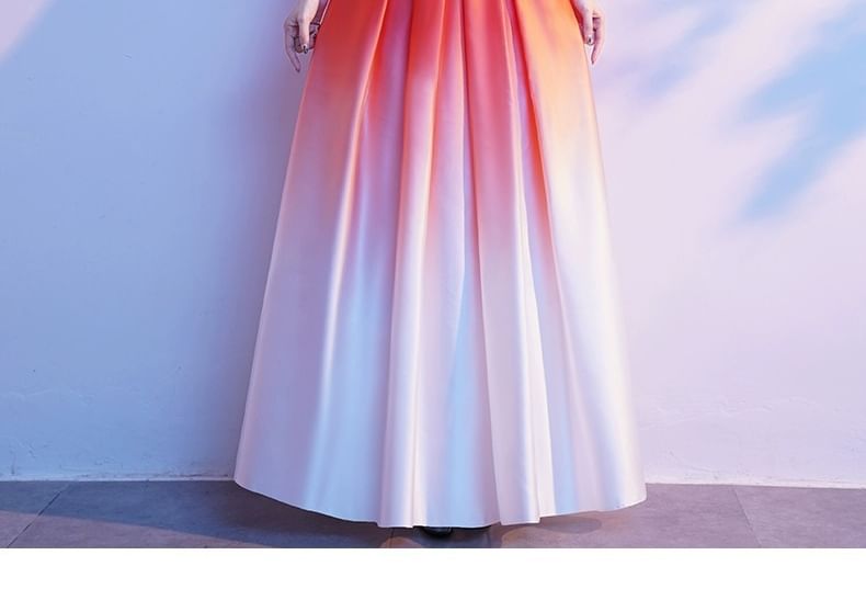 Short-Sleeve Star Embroidered Gradient Sheath Evening Gown