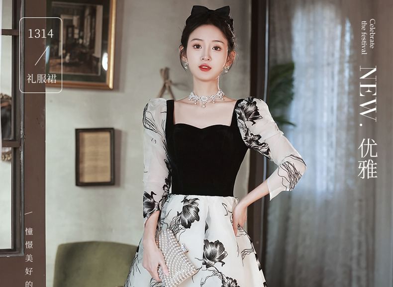 Long-Sleeve Square Neck Floral A-Line Evening Gown