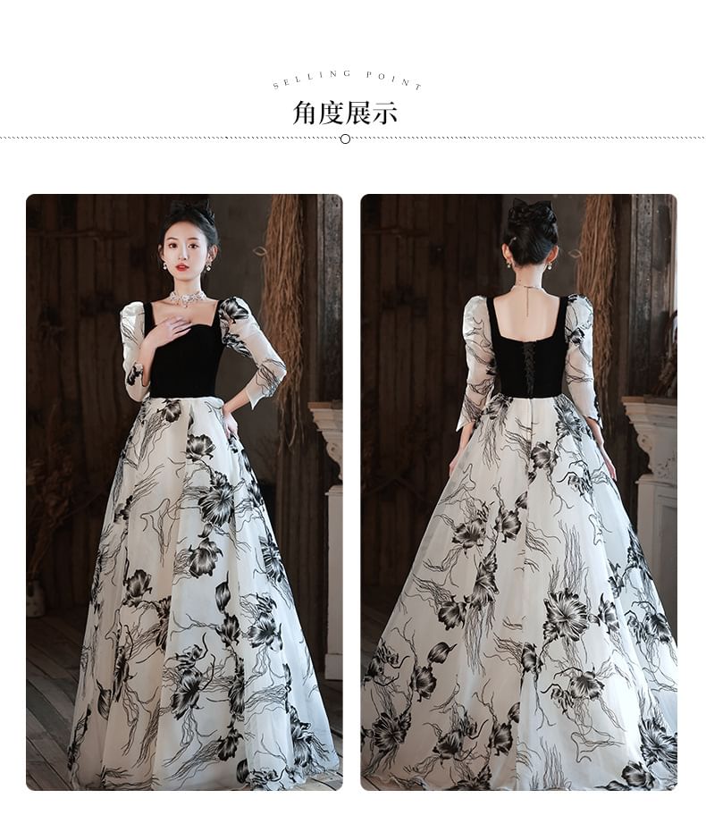 Long-Sleeve Square Neck Floral A-Line Evening Gown