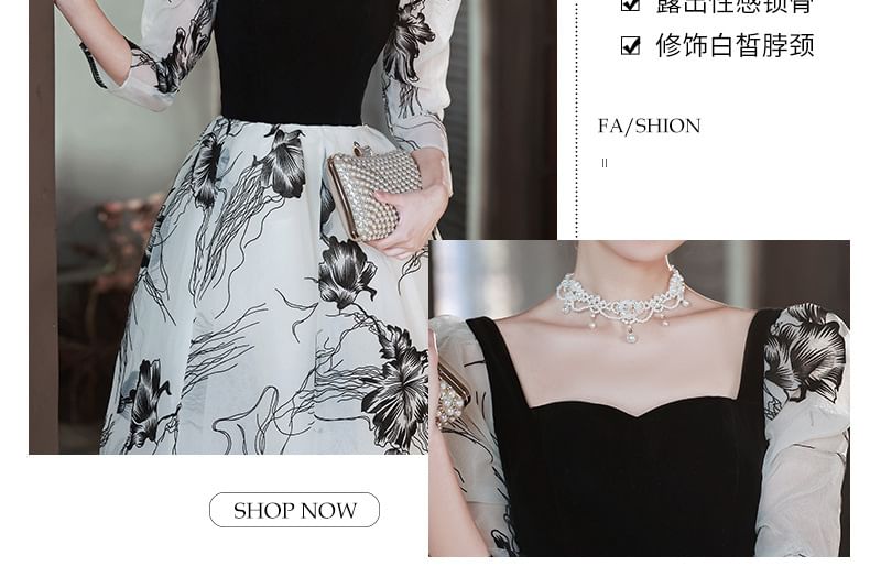 Long-Sleeve Square Neck Floral A-Line Evening Gown