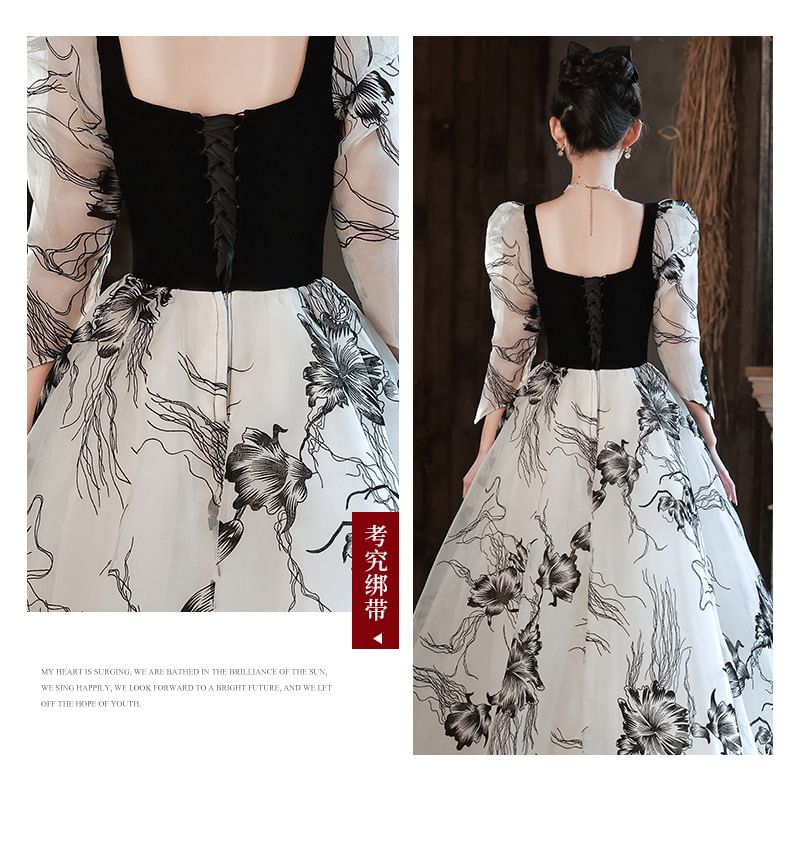 Long-Sleeve Square Neck Floral A-Line Evening Gown