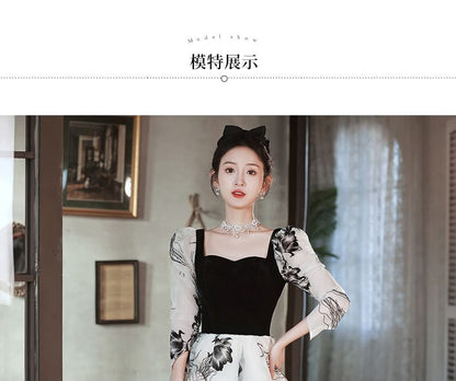 Long-Sleeve Square Neck Floral A-Line Evening Gown