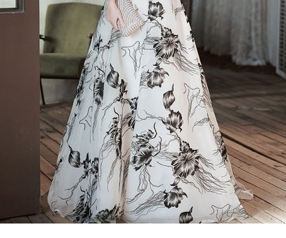 Long-Sleeve Square Neck Floral A-Line Evening Gown