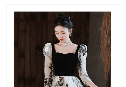 Long-Sleeve Square Neck Floral A-Line Evening Gown