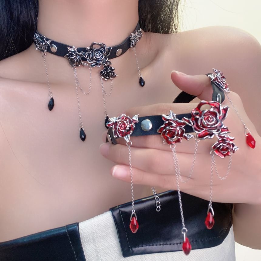 Alloy Choker Leather Faux Rose
