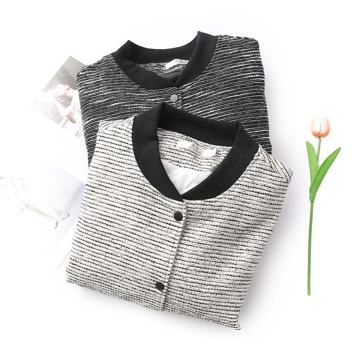 Plus Size Contrast Trim Button-Up Tweed Baseball Jacket