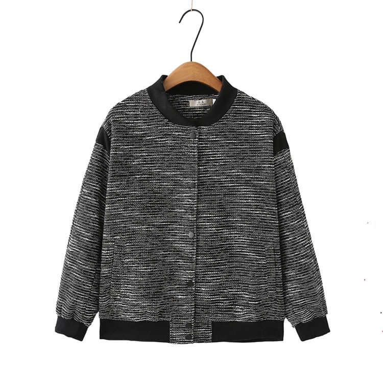 Plus Size Contrast Trim Button-Up Tweed Baseball Jacket