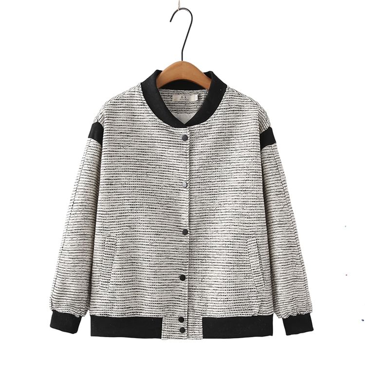 Plus Size Contrast Trim Button-Up Tweed Baseball Jacket