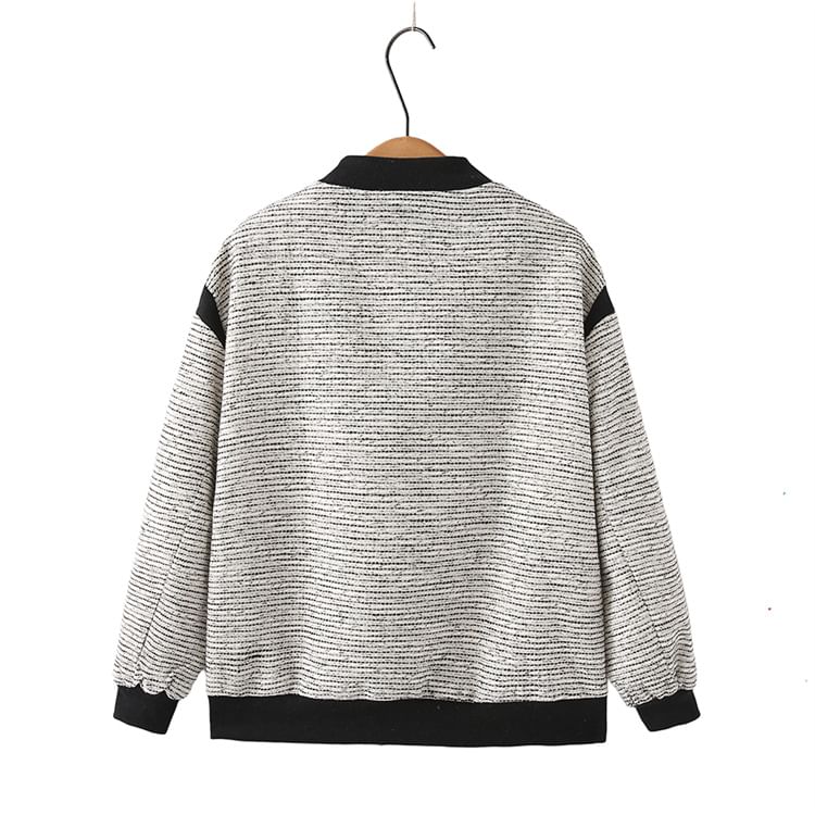 Plus Size Contrast Trim Button-Up Tweed Baseball Jacket