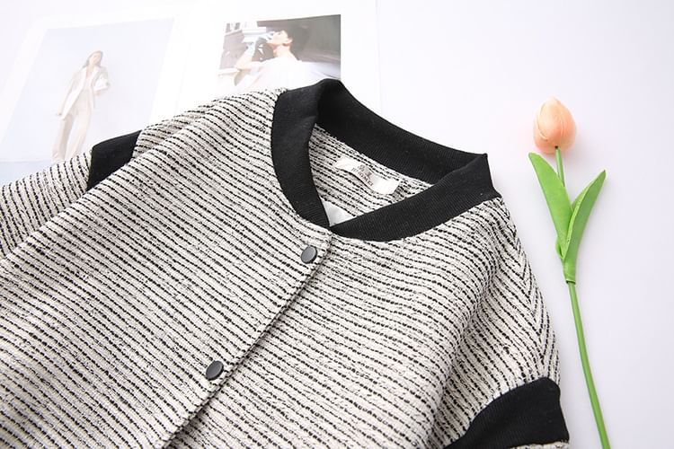 Plus Size Contrast Trim Button-Up Tweed Baseball Jacket