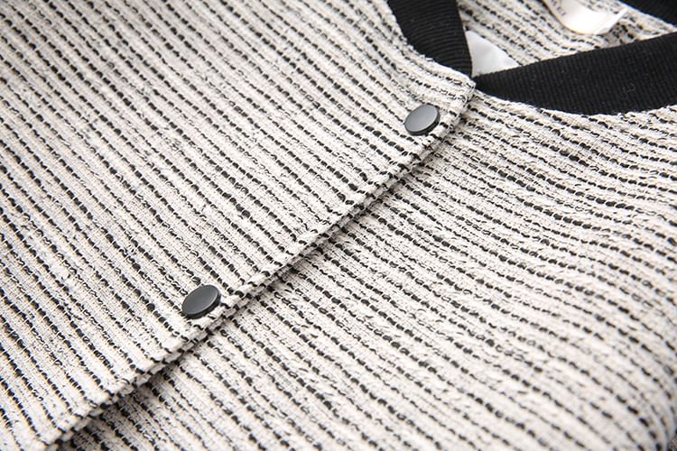 Plus Size Contrast Trim Button-Up Tweed Baseball Jacket