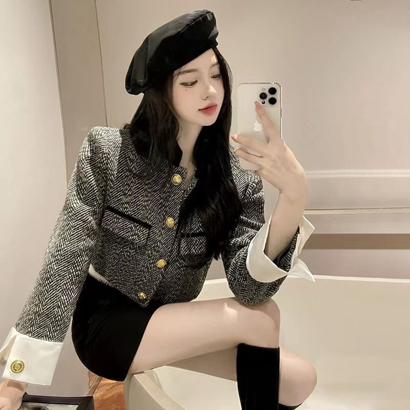 Stand Collar Herringbone Crop Button Jacket