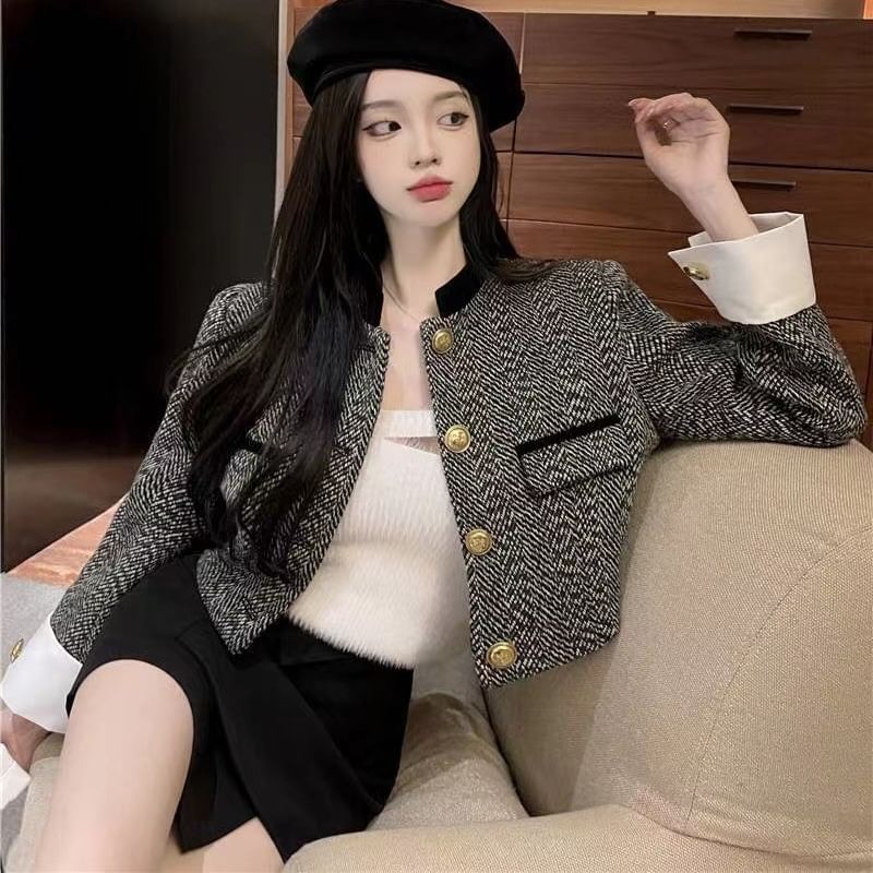 Stand Collar Herringbone Crop Button Jacket