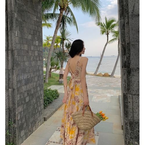 Sleeveless Round Neck Floral Print Panel Tie Back Maxi A-Line Dress