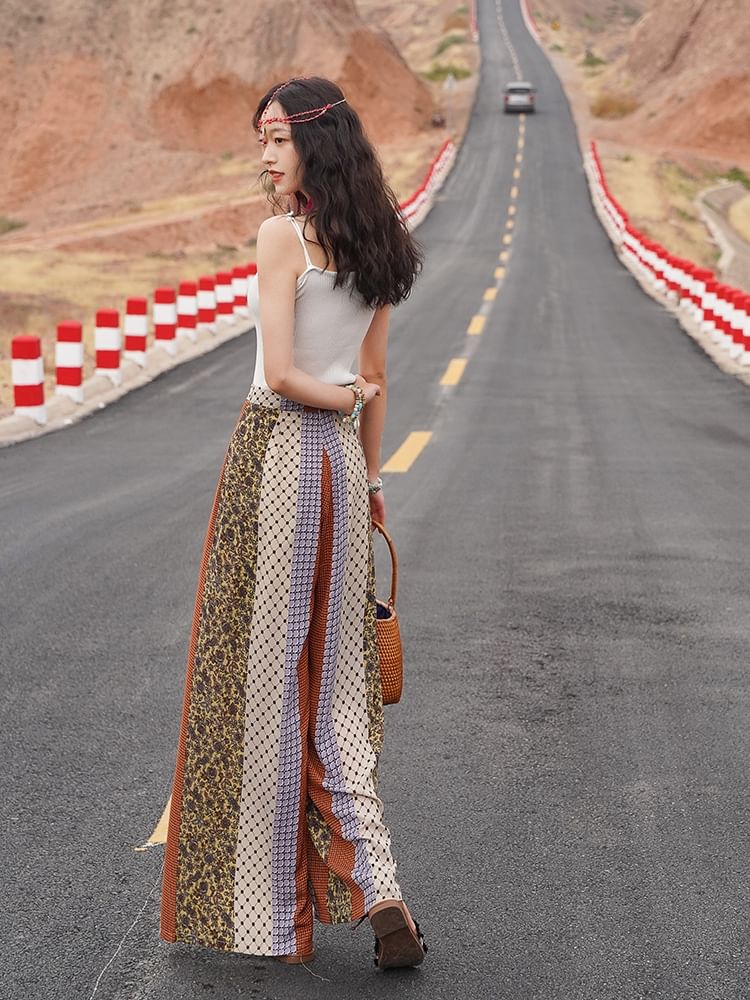 High Waist Patterned Print Slit Tie-Up Wide Leg Pants