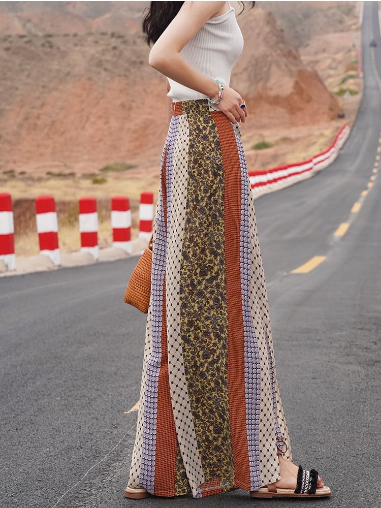 High Waist Patterned Print Slit Tie-Up Wide Leg Pants