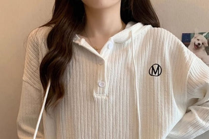 Long-Sleeve Letter Embroidered Hooded Ribbed Tee