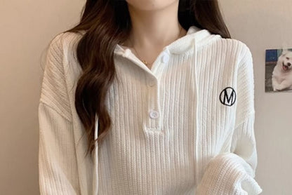 Long-Sleeve Letter Embroidered Hooded Ribbed Tee