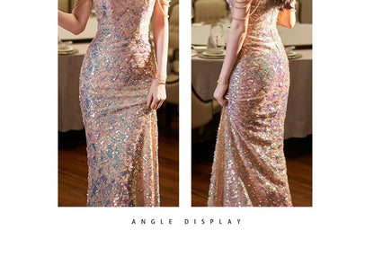 Sleeveless Halter Sequin Mermaid Evening Gown