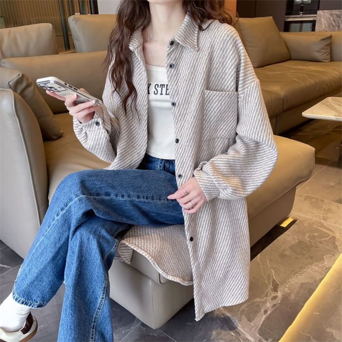 Collar Patterned Tweed Long Button Jacket