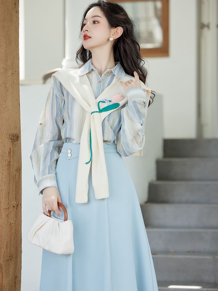 Elbow Sleeve Striped Shirt with Shawl and Maxi Skirt Set
