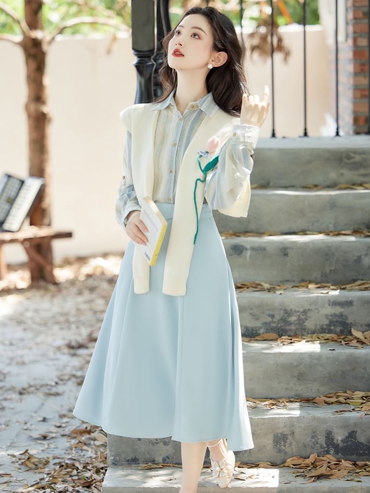 Elbow Sleeve Striped Shirt with Shawl and Maxi Skirt Set