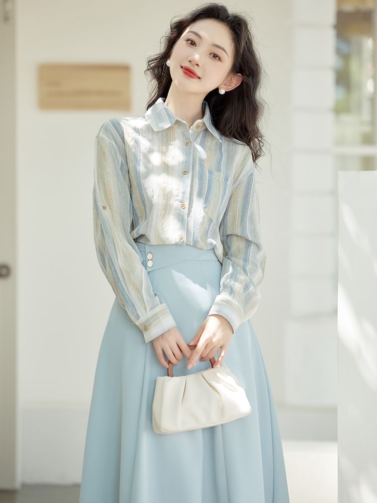 Elbow Sleeve Striped Shirt with Shawl and Maxi Skirt Set