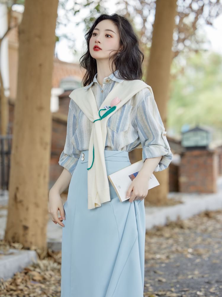 Elbow Sleeve Striped Shirt with Shawl and Maxi Skirt Set