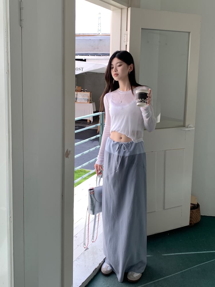Elasticized Cinch-Waist Flowing Maxi Pencil Skirt