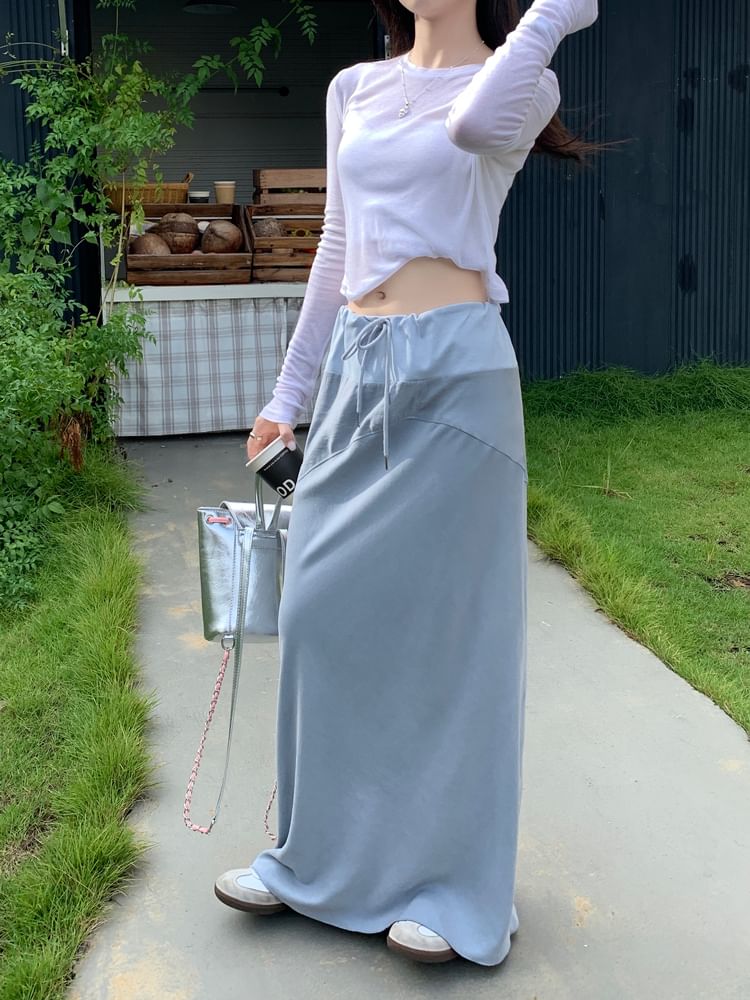 Elasticized Cinch-Waist Flowing Maxi Pencil Skirt