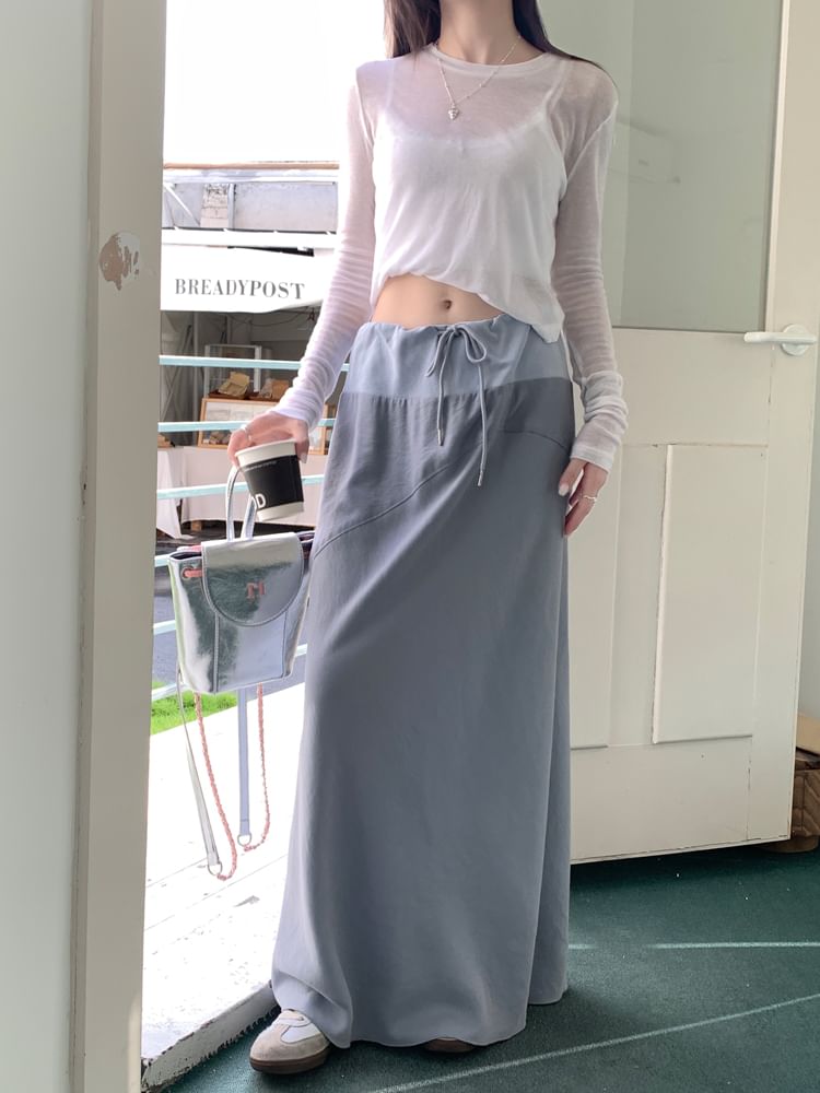 Elasticized Cinch-Waist Flowing Maxi Pencil Skirt