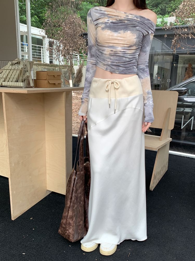 Elasticized Cinch-Waist Flowing Maxi Pencil Skirt