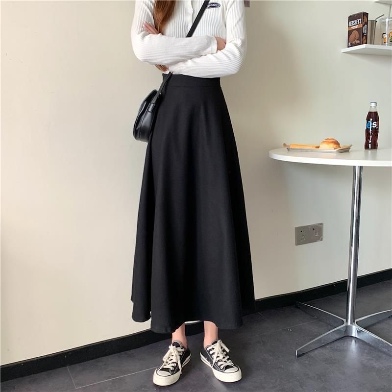 High Waist Solid Maxi Flared Skirt