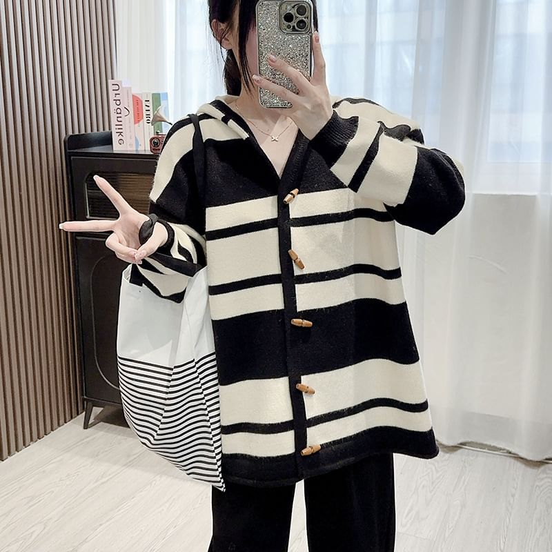 Striped Hooded Toggle Cardigan