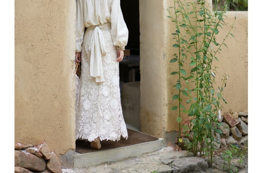 Puffed-Sleeve Lace Panel Blouse with High-Rise Lace Maxi Skirt Set