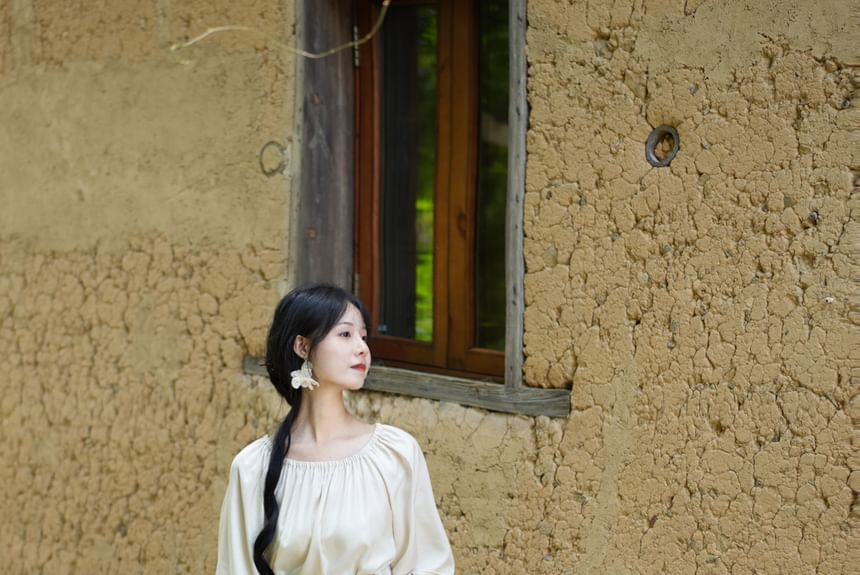 Puffed-Sleeve Lace Panel Blouse with High-Rise Lace Maxi Skirt Set