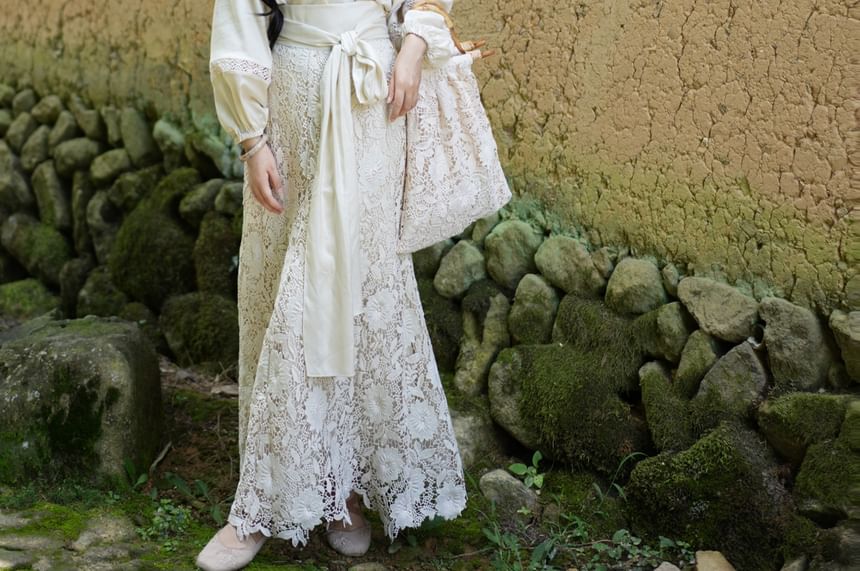 Puffed-Sleeve Lace Panel Blouse with High-Rise Lace Maxi Skirt Set