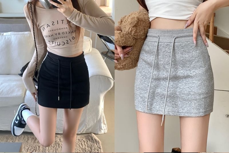 Drawstring Waist Solid Mini Straight Skirt