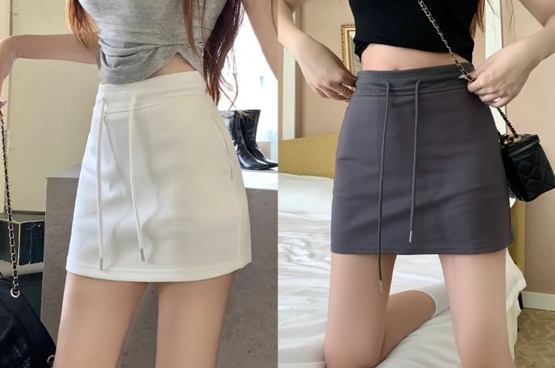 Drawstring Waist Solid Mini Straight Skirt