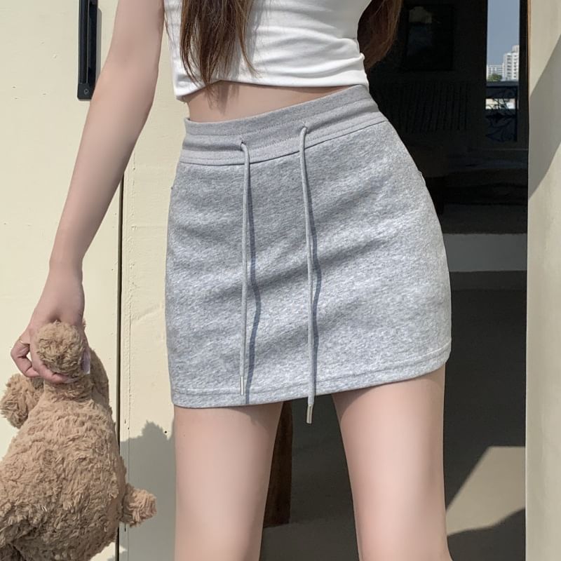 Drawstring Waist Solid Mini Straight Skirt