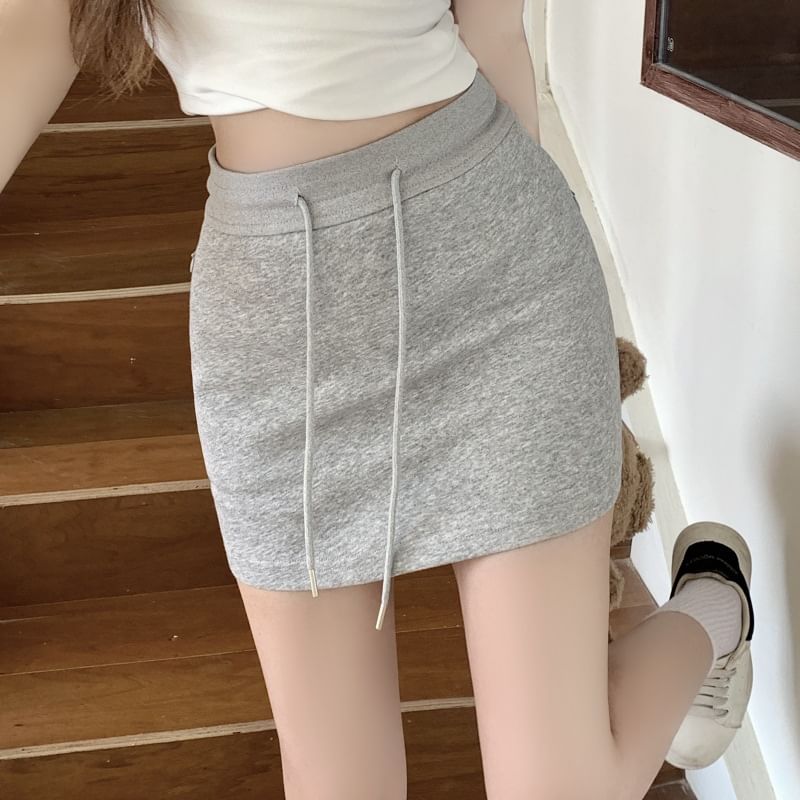 Drawstring Waist Solid Mini Straight Skirt