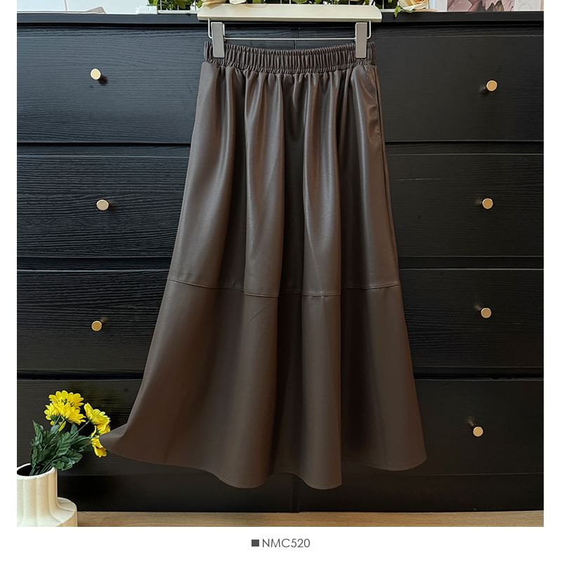 Elastic Waist Faux-Leather Flare Skirt
