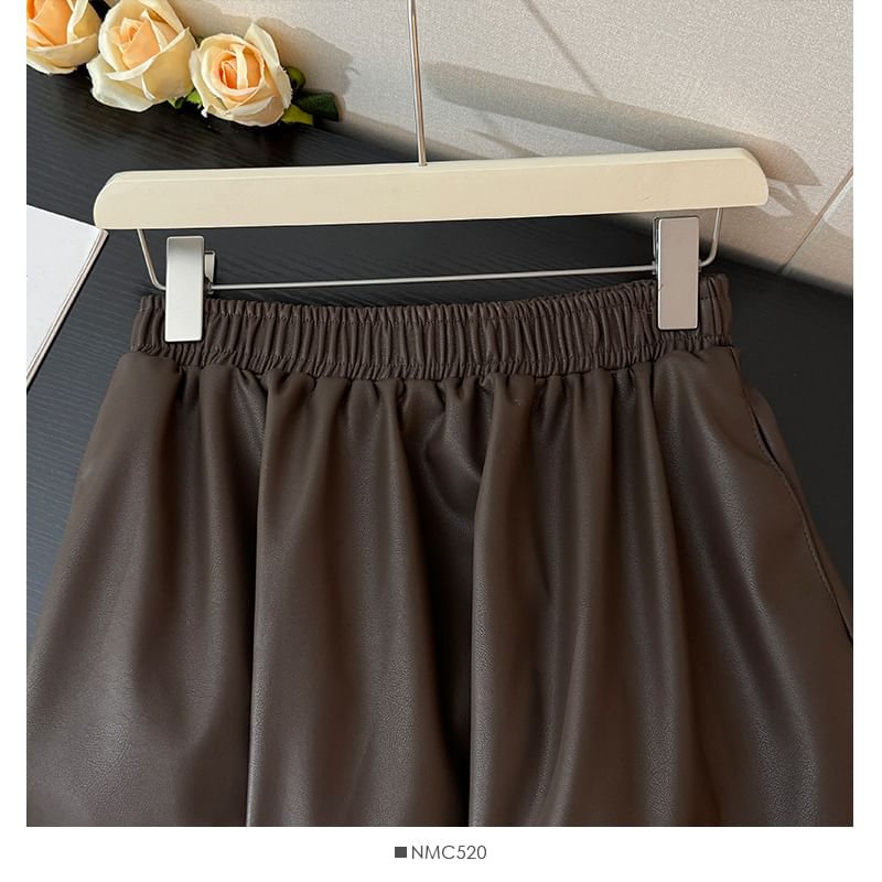 Elastic Waist Faux-Leather Flare Skirt