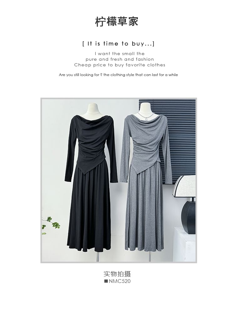 Asymmetric Cowl-Neck Top with High-Rise Flared Skirt Set