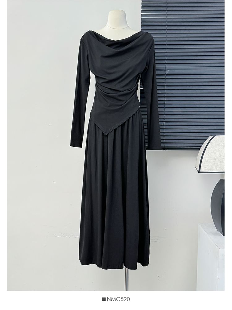 Asymmetric Cowl-Neck Top with High-Rise Flared Skirt Set