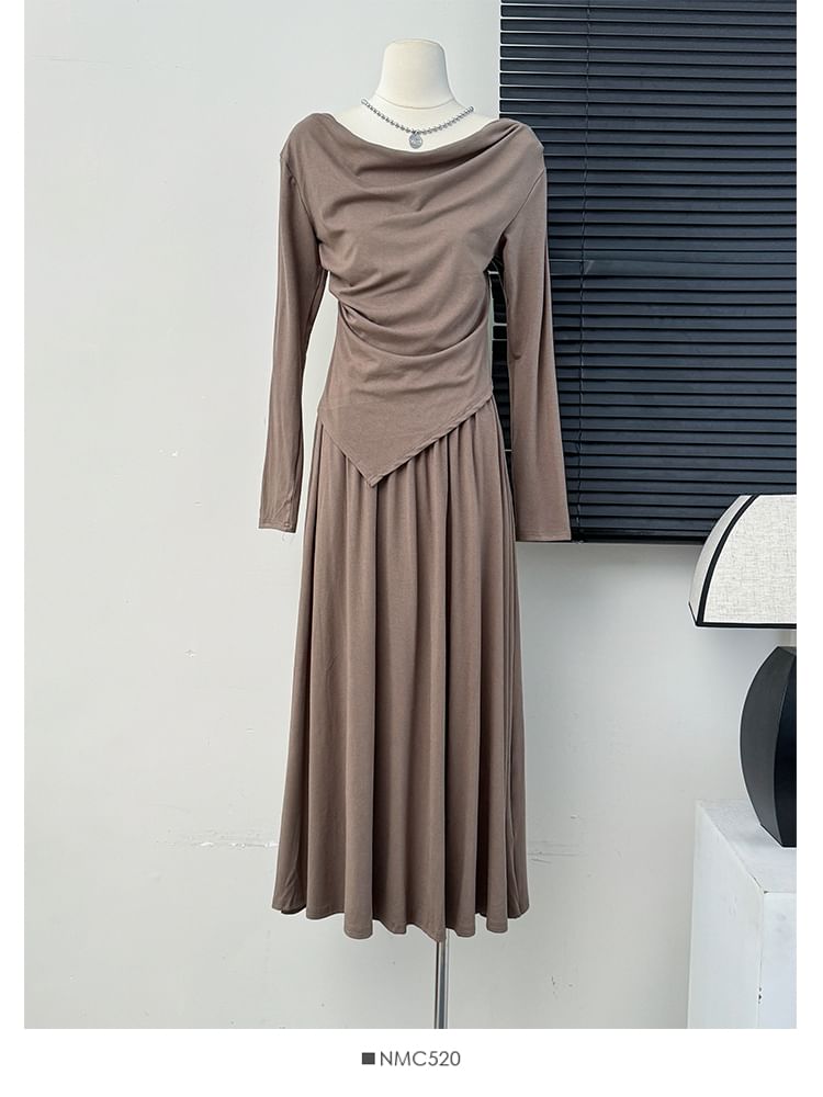 Asymmetric Cowl-Neck Top with High-Rise Flared Skirt Set