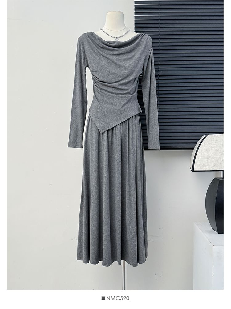 Asymmetric Cowl-Neck Top with High-Rise Flared Skirt Set