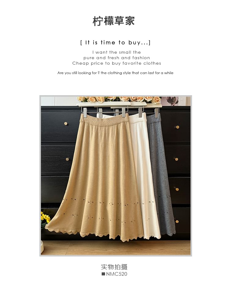 Eyelet-Embellished High-Rise Midi Flare Skirt