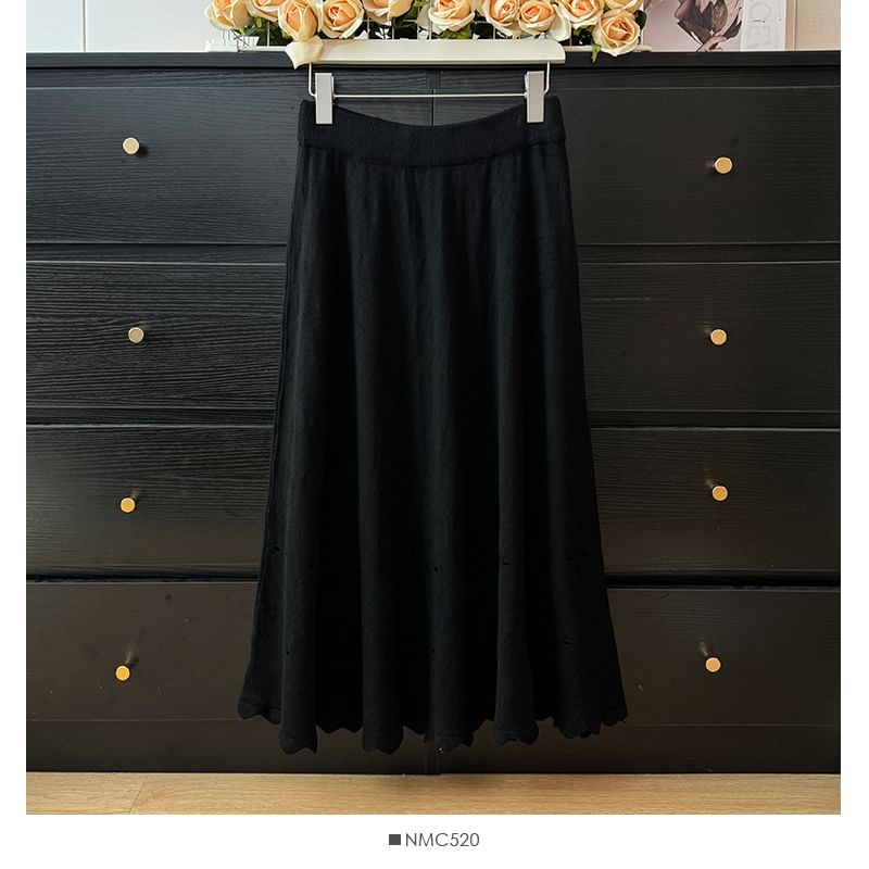 Eyelet-Embellished High-Rise Midi Flare Skirt